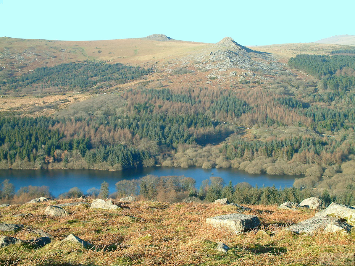 View from Sheeps Tor across Burrator Reservoir to Leather Tor and Sharpitor