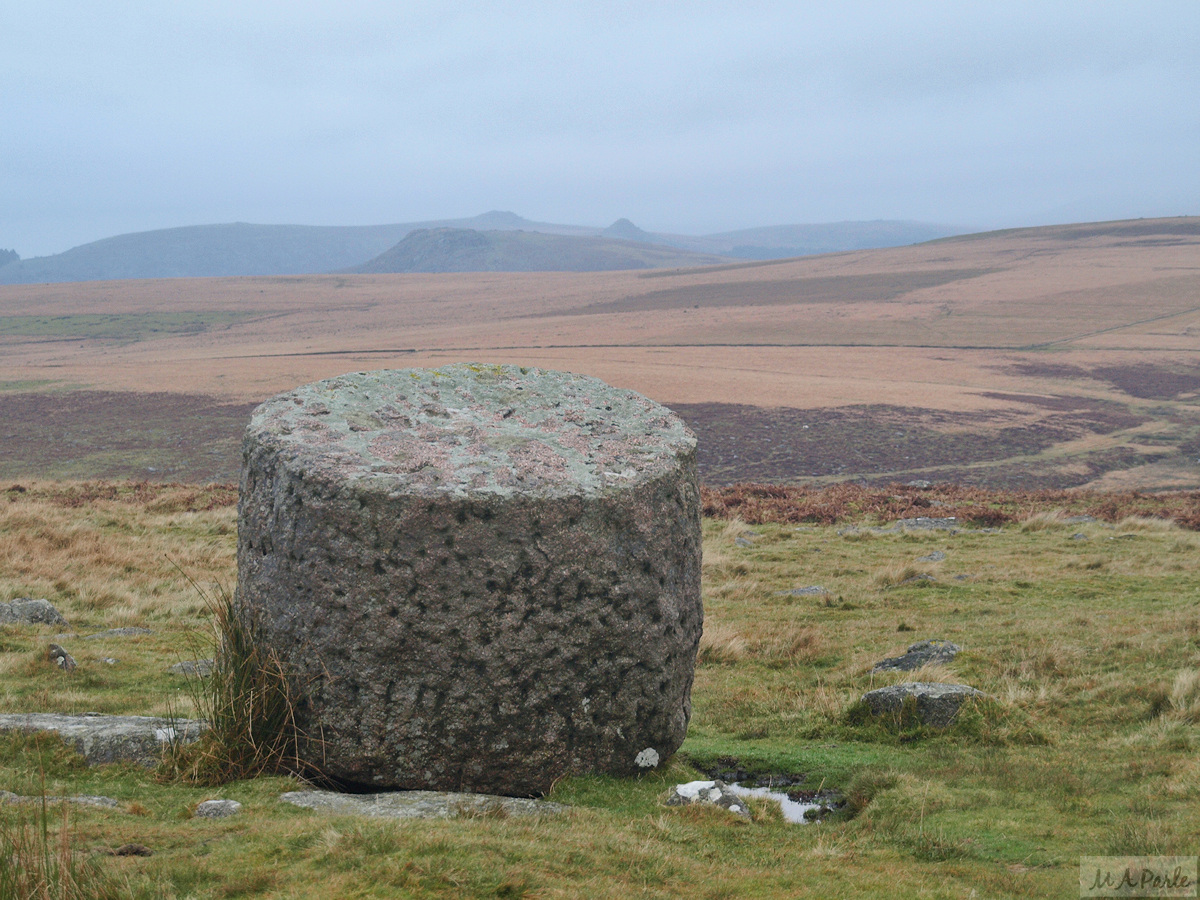 View from Trowlesworthy across the moor to Sheeps Tor and Leather Tor.  But what is this cylindrical lump of granite doing here?